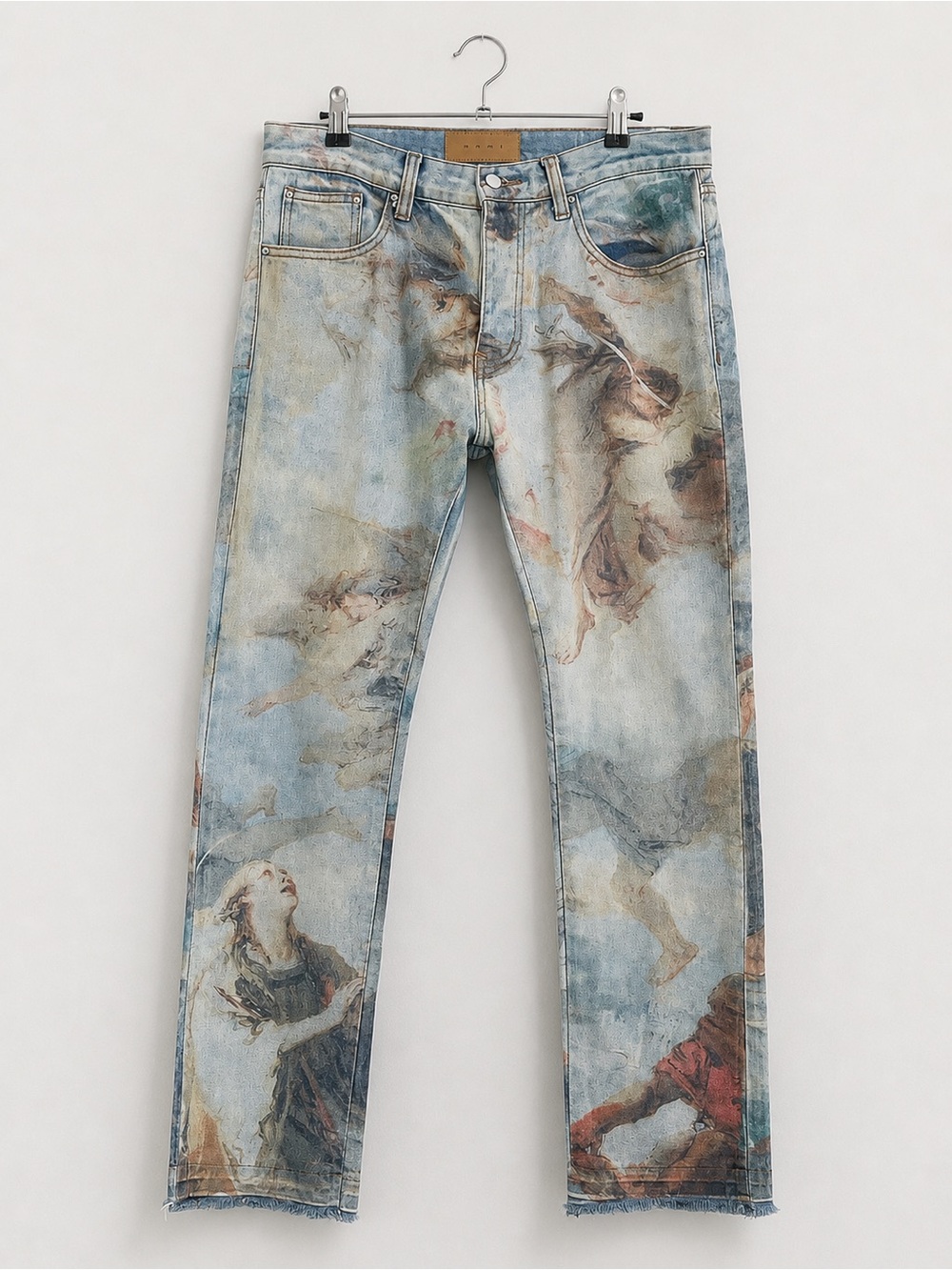 MNML Men’s Painted-Print Slim Straight Jeans in Faded Blue and Cream - Picture 3 of 14
